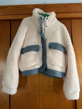 Urban Outfitters Cream Sherpa Jacket with Denim Trim